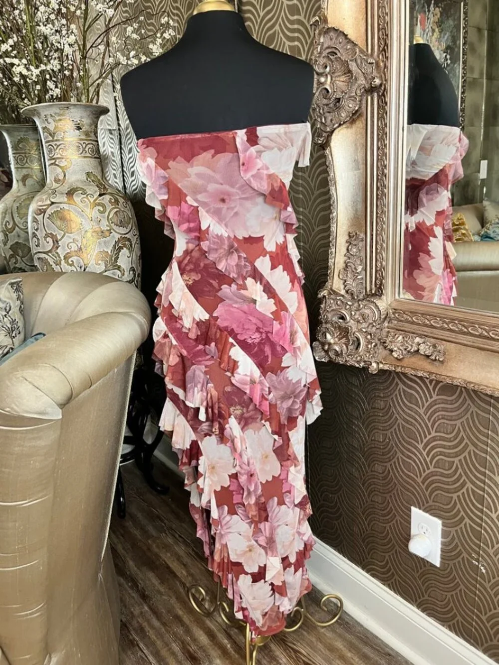 Paris Hilton floral ruffle strapless dress